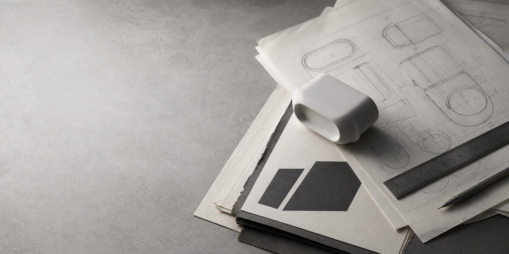 Protótipo geométrico e desenhos técnicos sobre papéis em uma mesa de trabalho